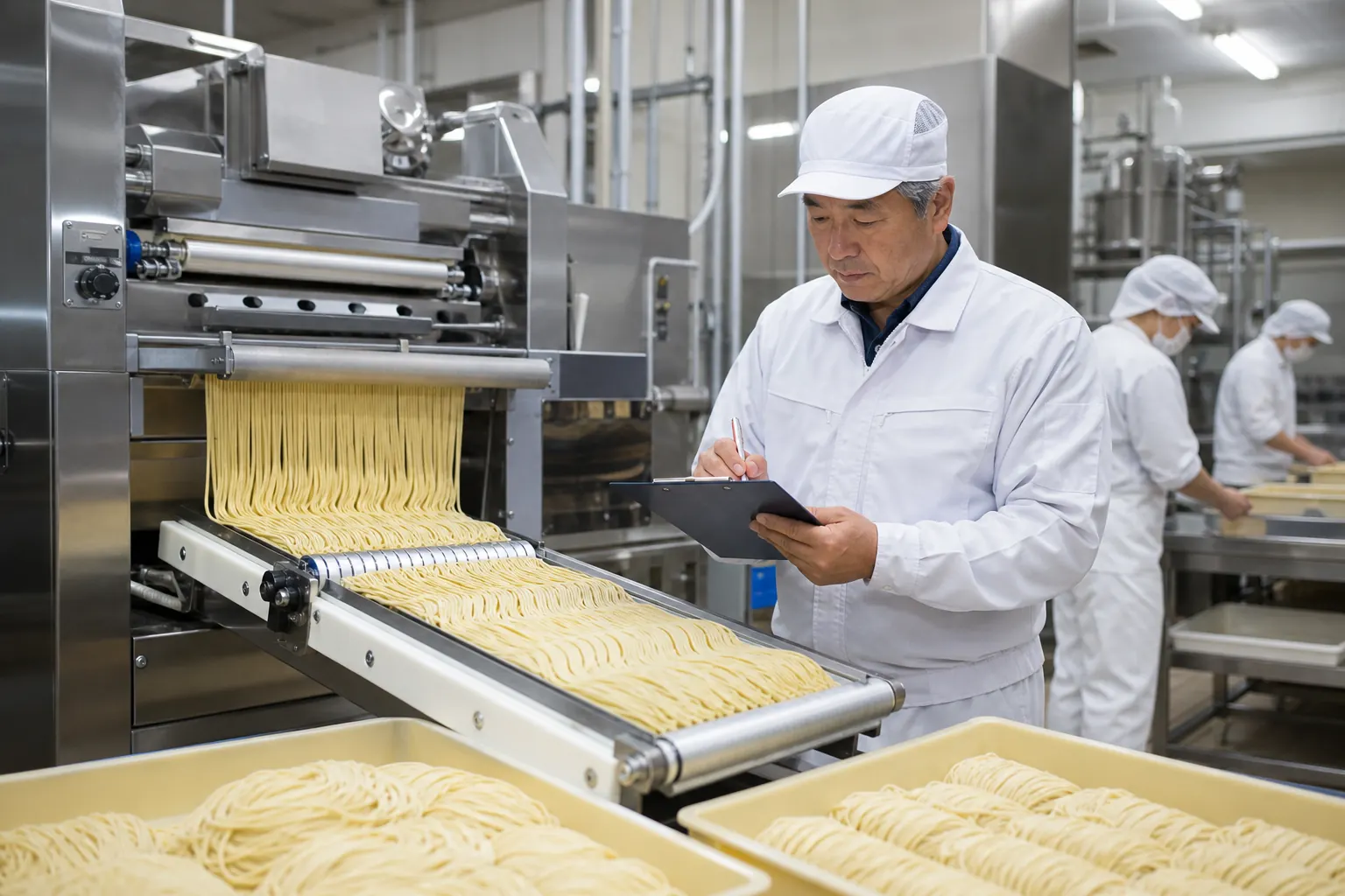 清潔な製麺工場で品質を確認する管理者