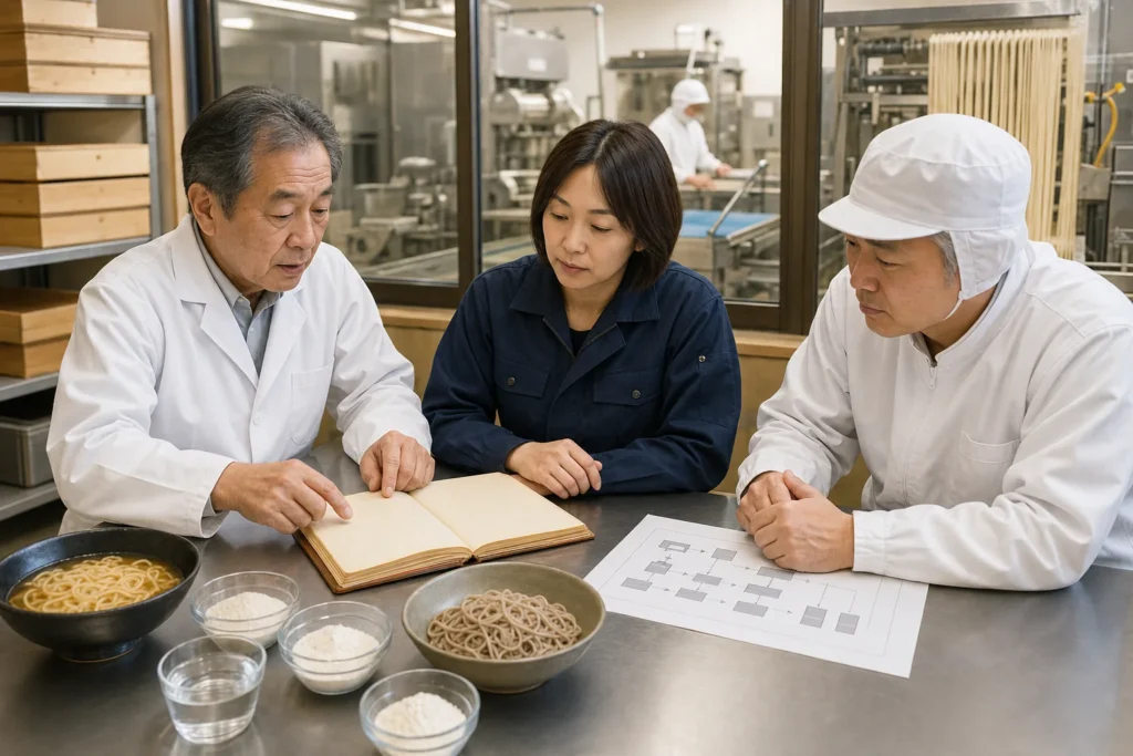 ラーメン事業のレシピとブランド承継を話し合う経営者と担当者