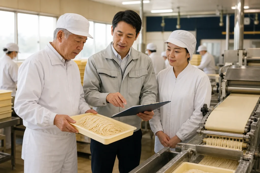 生麺メーカーの事業承継を表す製麺工場での引継ぎ