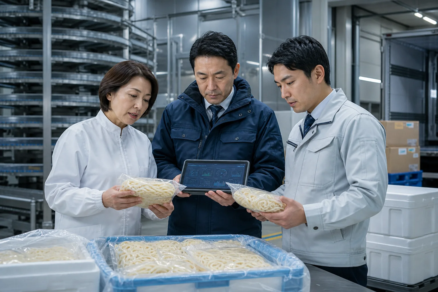 冷凍麺の品質と低温物流体制を確認する経営者と担当者