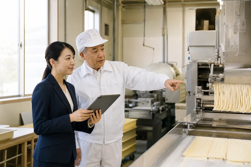 製麺会社の売却準備について話し合う経営者と担当者