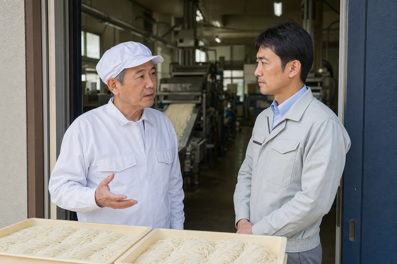 製麺所の事業承継について話し合う経営者と次世代の製造責任者