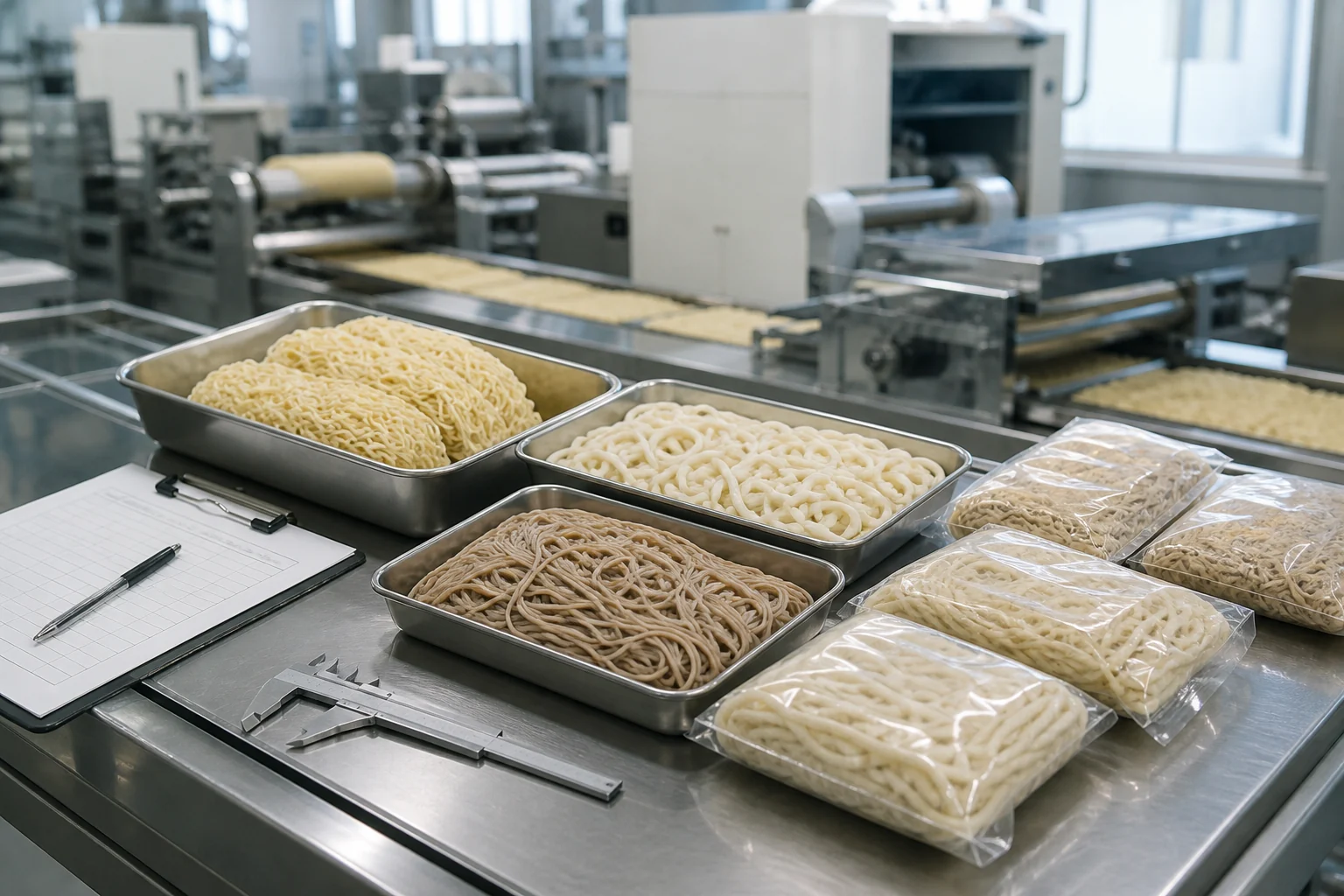 製麺会社の設備と事業価値について確認する経営者と担当者