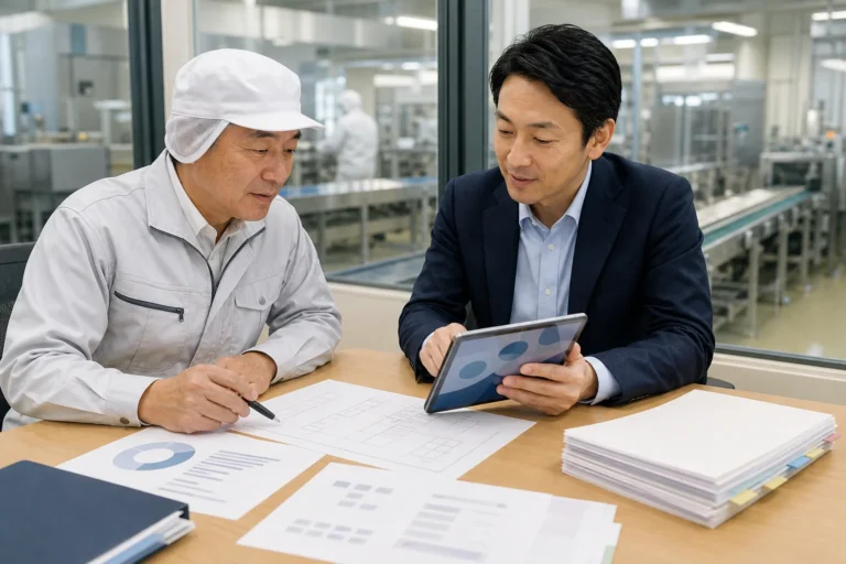製麺会社の経営者と担当者が秘密保持を前提に資料を確認する様子