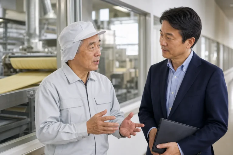 製麺工場で事業承継について相談する経営者
