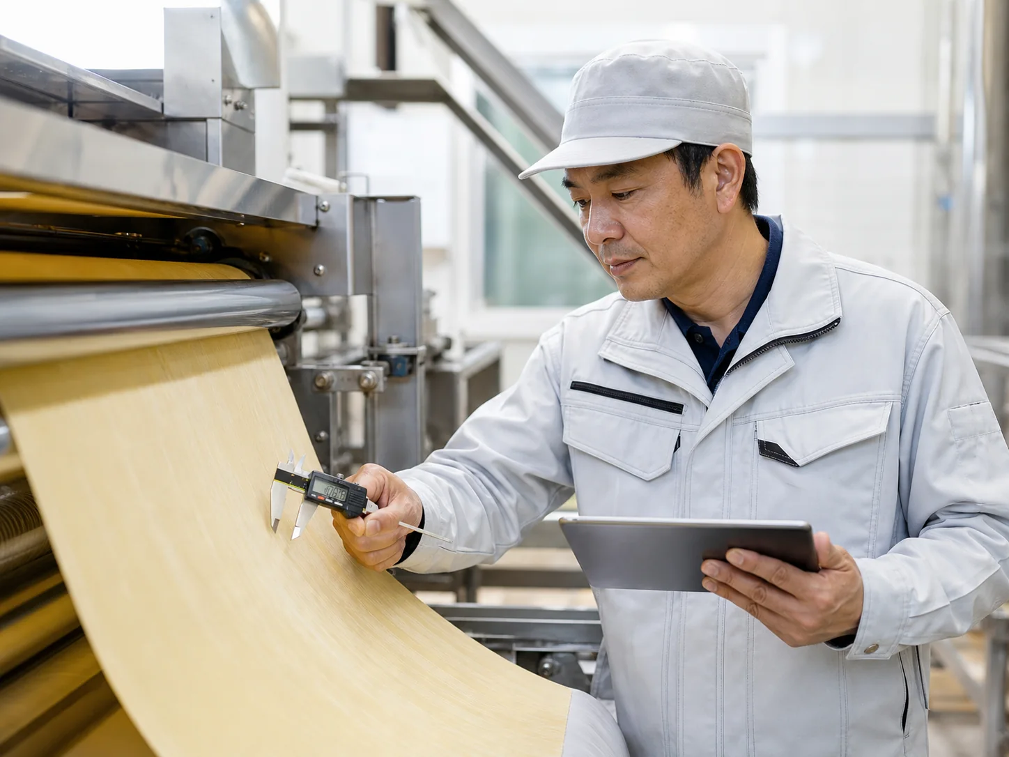 製麺ラインの稼働状況を確認する作業者