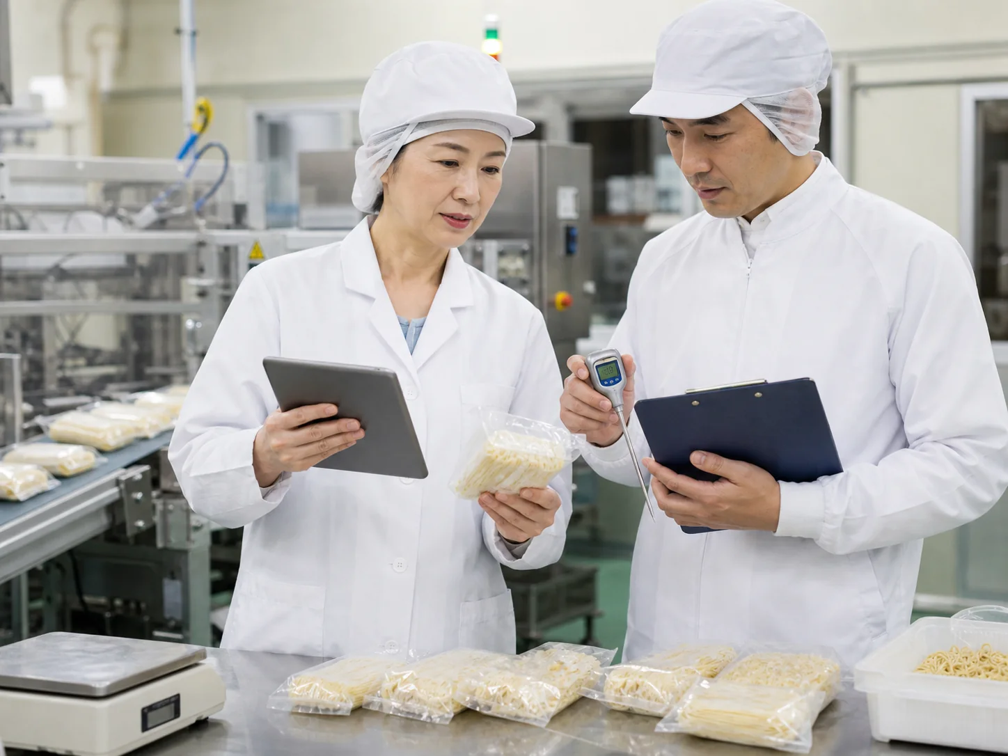 製麺工場の品質と衛生記録を確認する担当者