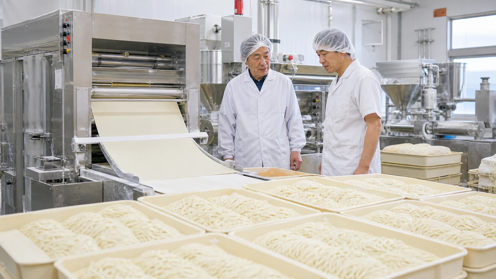 製麺工場で麺の製造ラインを確認する経営者と製造担当者