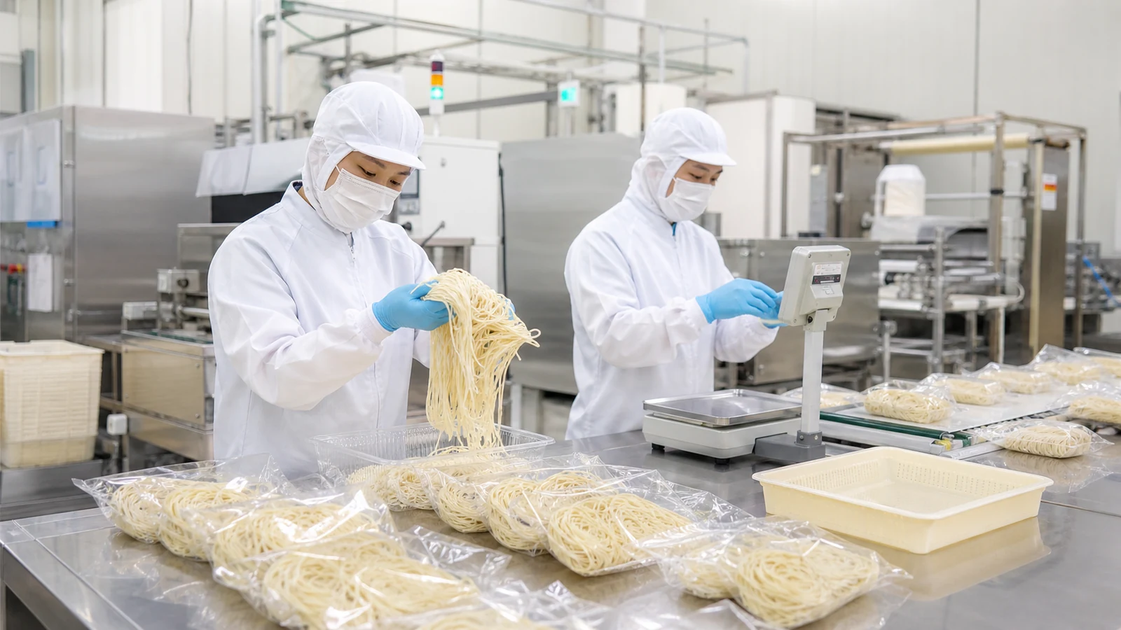 製麺工場で麺の品質と包装工程を確認する作業者