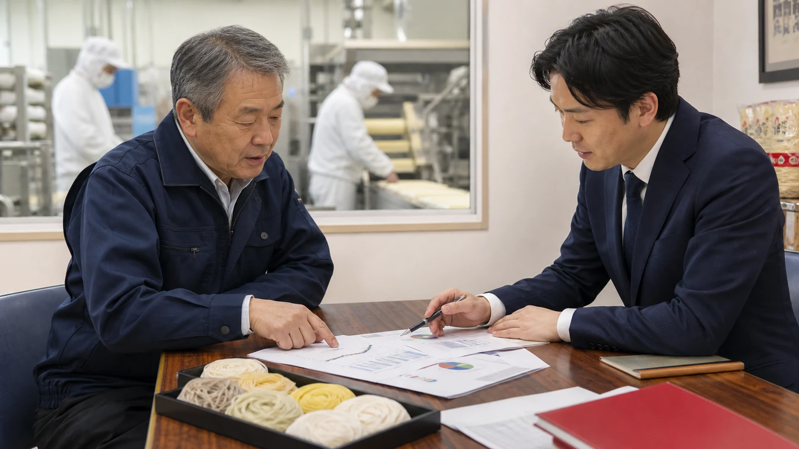 製麺会社の経営者とM&A担当者が事業承継資料を確認する相談風景